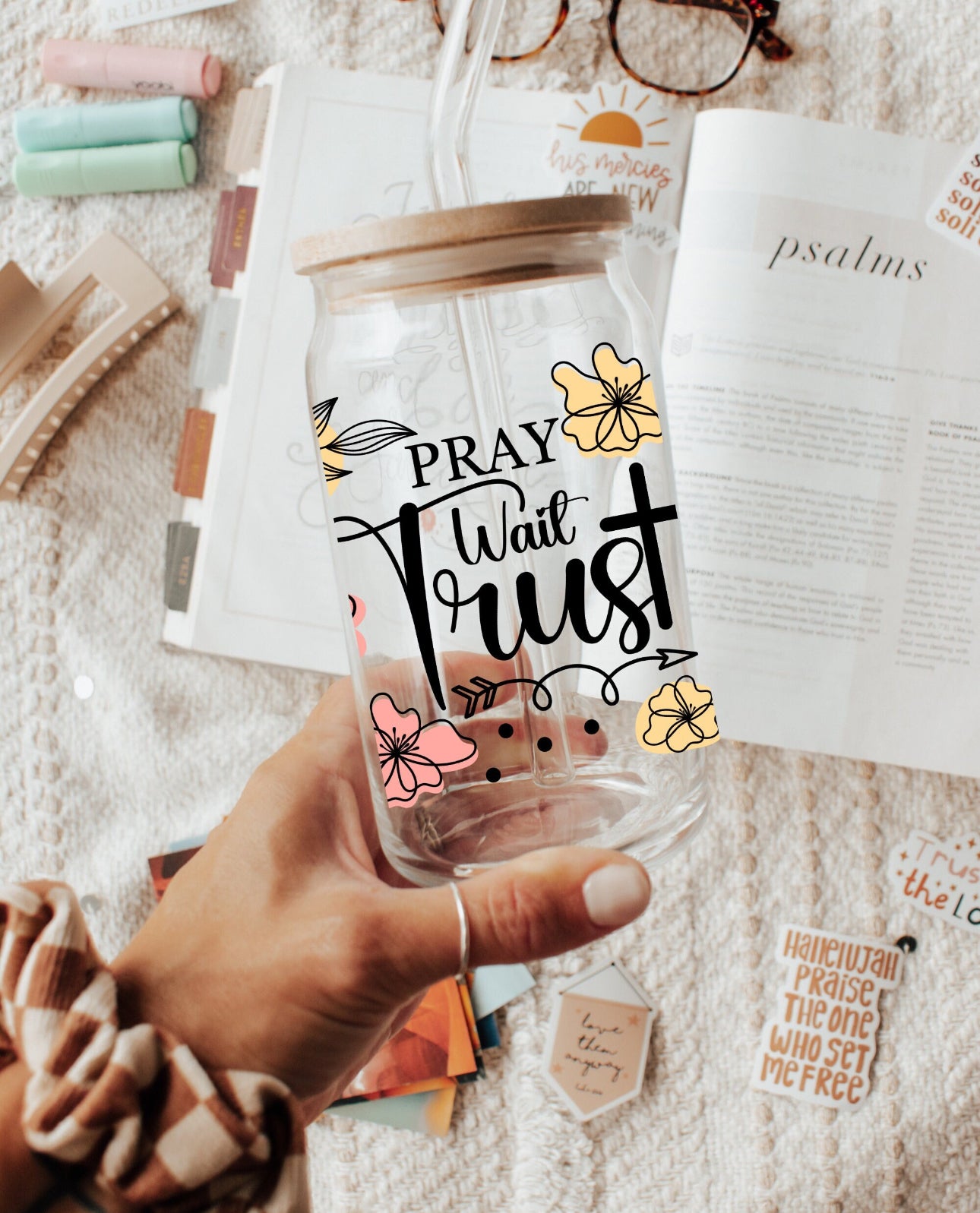 Floral Christian Glass Tumbler: Pray Wait Trust, Iced Coffee Cup