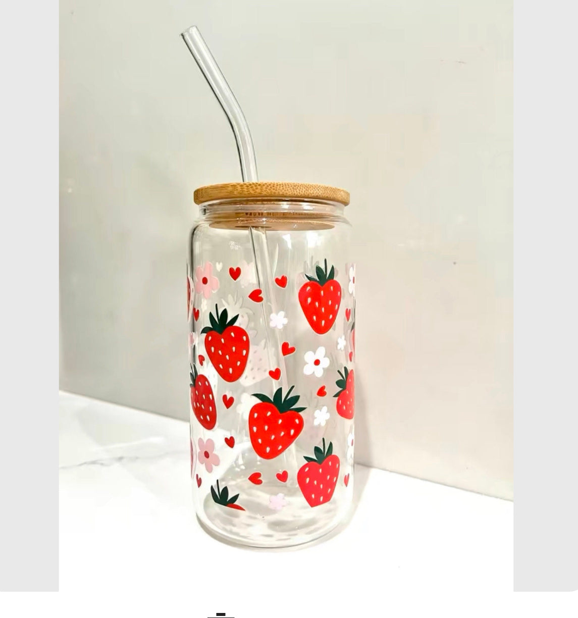 Strawberry Glass Tumbler with Straw & Bamboo Lid - 16oz Iced Coffee Cup