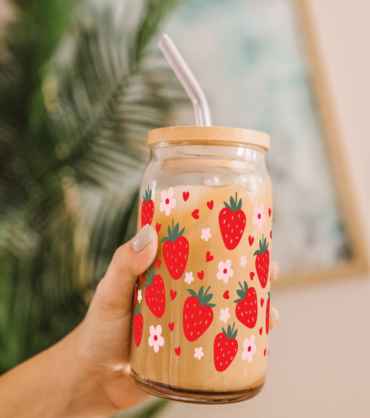 Strawberry Glass Tumbler with Straw & Bamboo Lid - 16oz Iced Coffee Cup