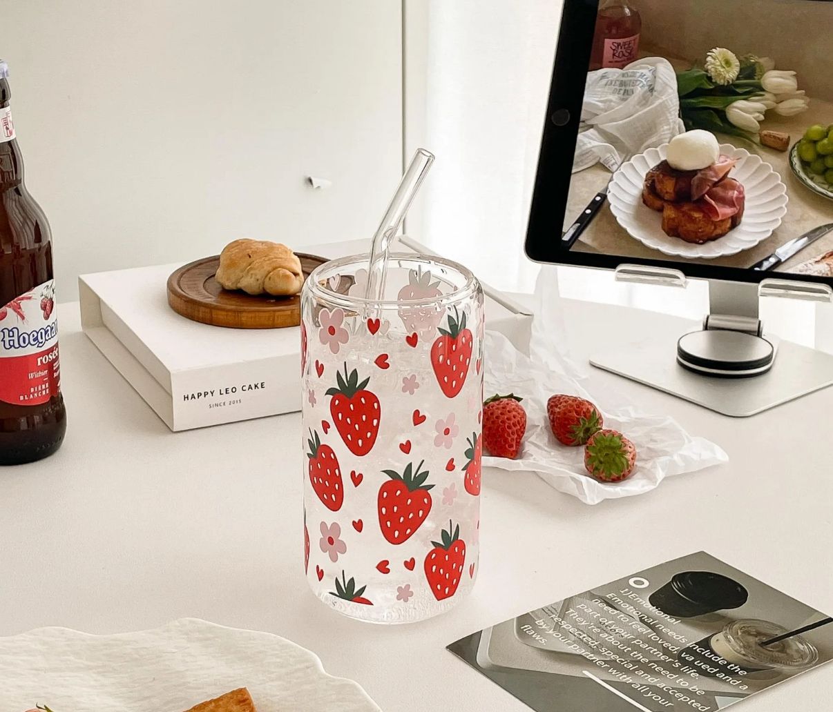 Strawberry Glass Tumbler with Straw & Bamboo Lid - 16oz Iced Coffee Cup